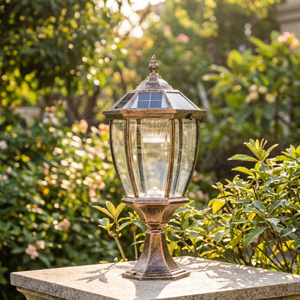 Zewnętrzna lampa solarna z ciepłym światłem LED – styl retro z aluminium i szkła 1