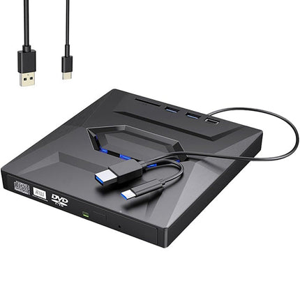 Zewnętrzny napęd DVD do laptopa z szybkim transferem danych i podwójnym portem USB-A/typu C – kompaktowa, czarna obudowa 0