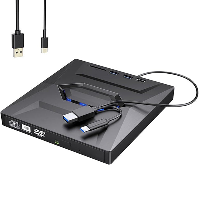 Zewnętrzny napęd DVD do laptopa z szybkim transferem danych i podwójnym portem USB-A/typu C – kompaktowa, czarna obudowa 0