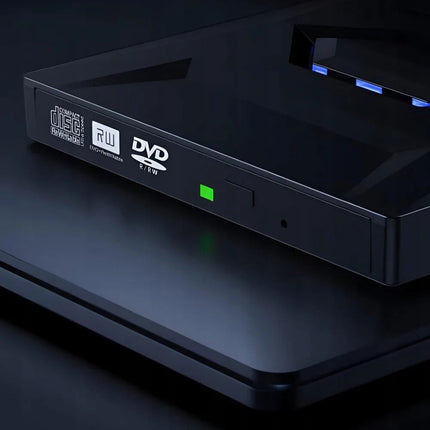 Zewnętrzny napęd DVD do laptopa z szybkim transferem danych i podwójnym portem USB-A/typu C – kompaktowa, czarna obudowa 1