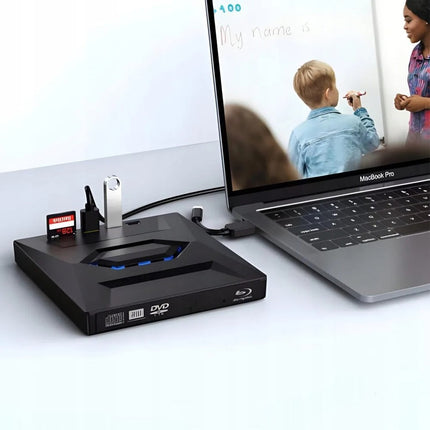 Zewnętrzny napęd DVD do laptopa z szybkim transferem danych i podwójnym portem USB-A/typu C – kompaktowa, czarna obudowa 3