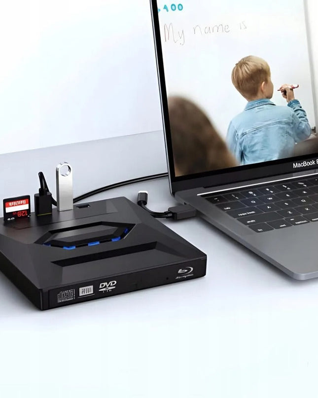 Zewnętrzny napęd DVD do laptopa z szybkim transferem danych i podwójnym portem USB-A/typu C – kompaktowa, czarna obudowa 3