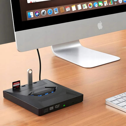Zewnętrzny napęd DVD do laptopa z szybkim transferem danych i podwójnym portem USB-A/typu C – kompaktowa, czarna obudowa 4