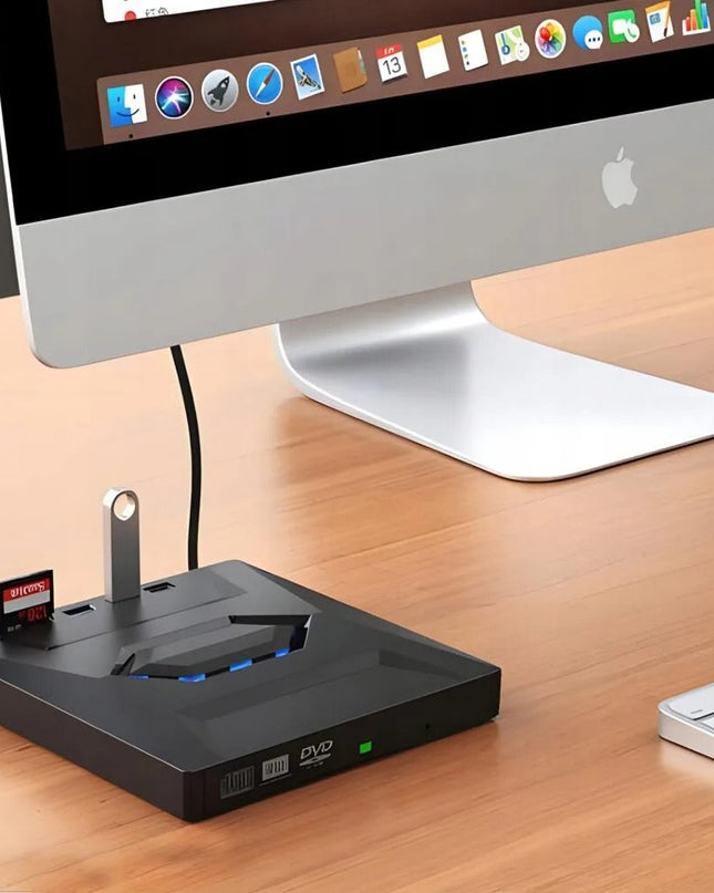 Zewnętrzny napęd DVD do laptopa z szybkim transferem danych i podwójnym portem USB-A/typu C – kompaktowa, czarna obudowa 4