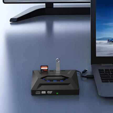 Zewnętrzny napęd DVD do laptopa z szybkim transferem danych i podwójnym portem USB-A/typu C – kompaktowa, czarna obudowa 5