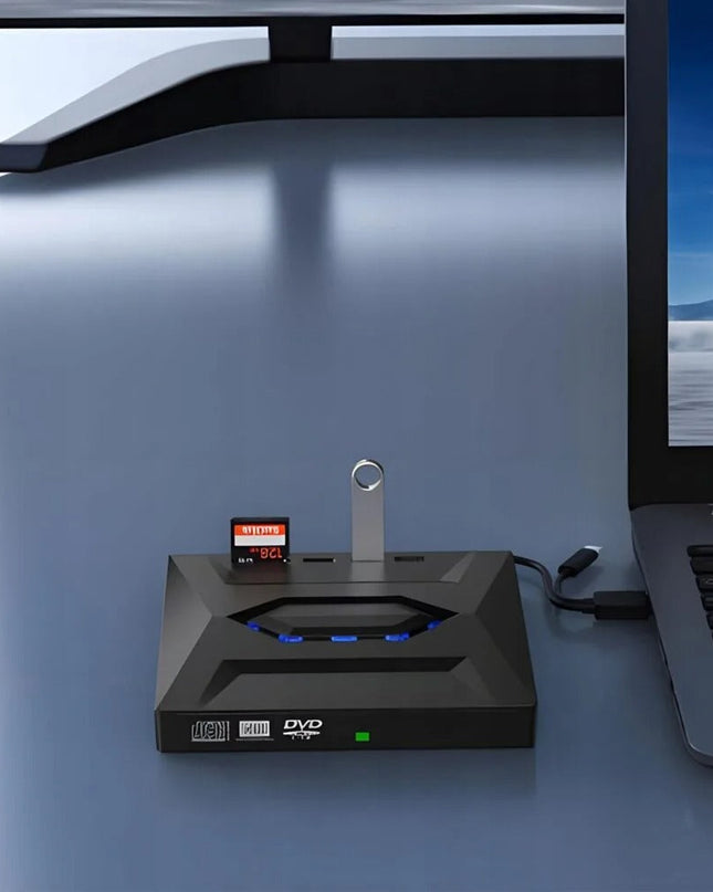 Zewnętrzny napęd DVD do laptopa z szybkim transferem danych i podwójnym portem USB-A/typu C – kompaktowa, czarna obudowa 5