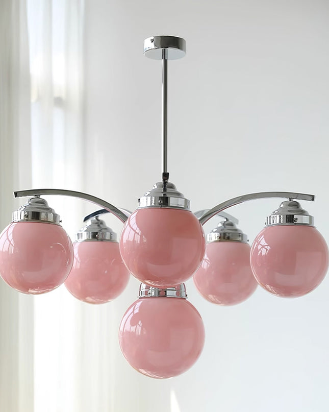 Żyrandol Retro Salamanca do Salonów i Sypialni – Okrągły Szklany Żyrandol w Różu i Bieli, 4 lub 6 Świateł, Elegancki Design 3