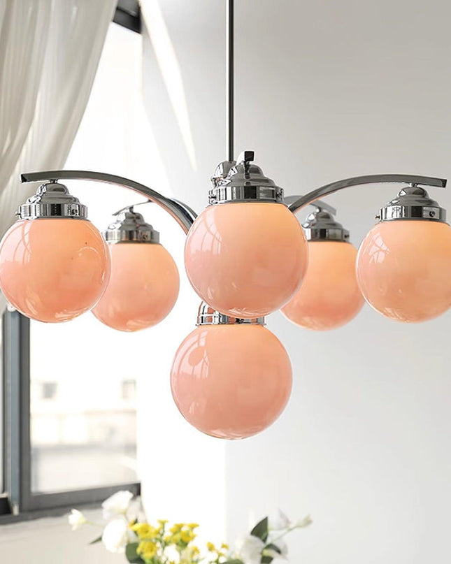 Żyrandol Retro Salamanca do Salonów i Sypialni – Okrągły Szklany Żyrandol w Różu i Bieli, 4 lub 6 Świateł, Elegancki Design 4