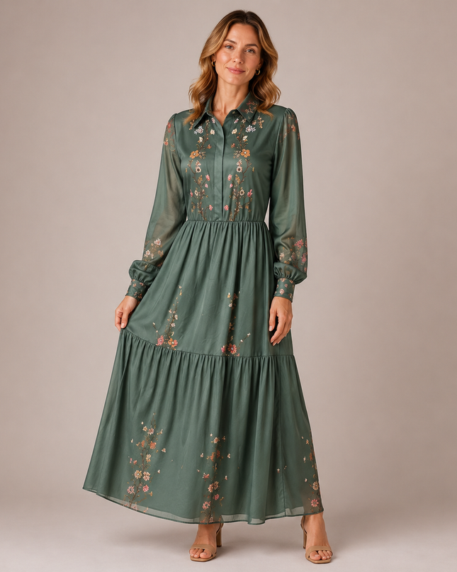 Long floral dress with long sleeves and gathered waist – romantic boho style in lightweight fabric