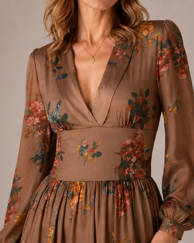 Long floral dress with long sleeves and gathered waist – romantic boho style in lightweight fabric