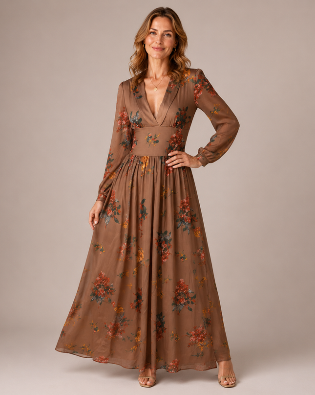 Long floral dress with long sleeves and gathered waist – romantic boho style in lightweight fabric